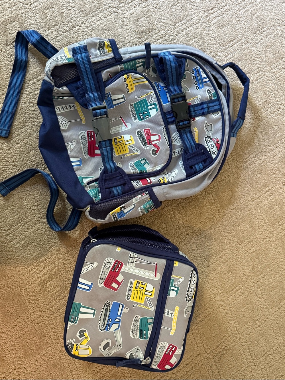 Pottery Barn Kids Small Construction Print Backpack and Lunchbox - Blue/Grey